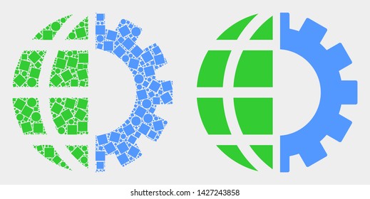 Dot and flat global industry icons. Vector mosaic of global industry designed of scattered square dots and circle dots.