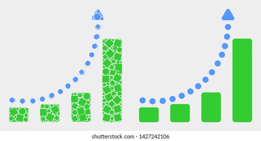 Dot and flat growing chart trend icons. Vector mosaic of growing chart trend designed of randomized square dots and circle dots.