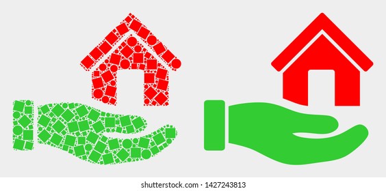 Dot and flat hand offer house icons. Vector mosaic of hand offer house created of random square elements and spheric elements.