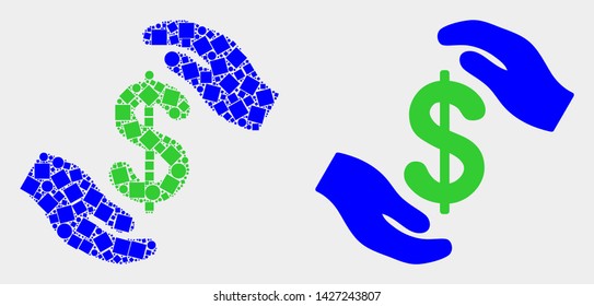 Dot and flat hands care dollar icons. Vector mosaic of hands care dollar created of randomized square elements and round elements.