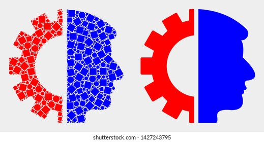 Dot and flat head gear icons. Vector mosaic of head gear organized of irregular small squares and circle elements.