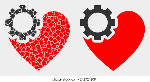 Dot and flat heart gear icons. Vector mosaic of heart gear created of randomized rectangle elements and round elements.
