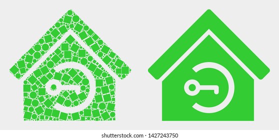 Dot and flat home keyhole icons. Vector mosaic of home keyhole created of randomized square dots and spheric dots.