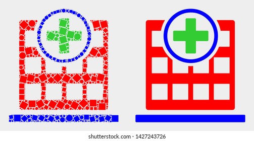 Dot and flat hospital building icons. Vector mosaic of hospital building formed of random rectangle elements and round elements.