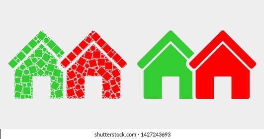Dot and flat houses icons. Vector mosaic of houses organized of randomized square pixels and round pixels.