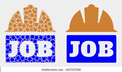 Dot and flat job helmet icons. Vector mosaic of job helmet composed of random square elements and circle elements.