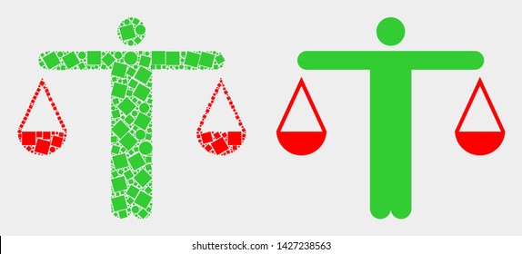 Dot and flat judge icons. Vector mosaic of judge constructed of randomized square dots and circle dots.