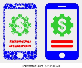 Dot and flat mobile financial options icons. Vector mosaic of mobile financial options organized of irregular dots and spheric points.