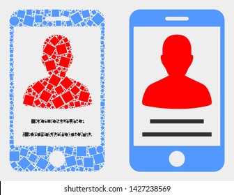 Dot and flat mobile person contact icons. Vector mosaic of mobile person contact formed of scattered small squares and circle dots.