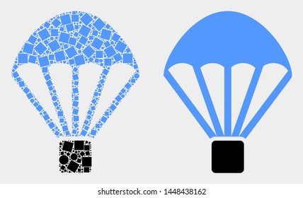 Dot and flat parachute icons. Vector mosaic of parachute designed of randomized rectangle elements and round elements.