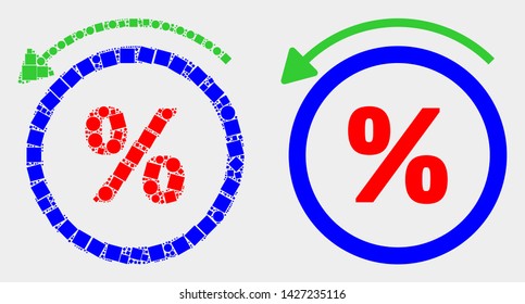 Dot and flat percent back icons. Vector mosaic of percent back combined of randomized square pixels and round pixels.