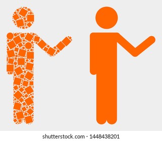 Dot and flat person show icons. Vector mosaic of person show formed of irregular square pixels and round elements.