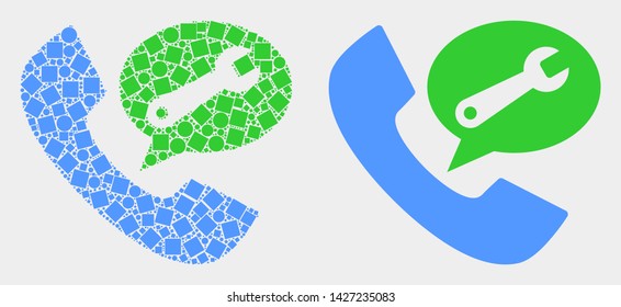 Dot and flat phone service message icons. Vector mosaic of phone service message composed of randomized small squares and spheric items.