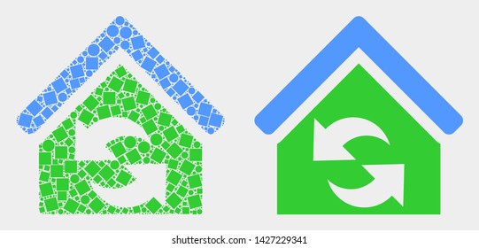 Dot and flat refresh house icons. Vector mosaic of refresh house designed of random square elements and circle pixels.