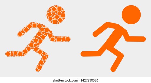 Dot and flat running boy icons. Vector mosaic of running boy composed with random rectangle elements and spheric elements.