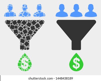 Dot and flat sales funnel icons. Vector mosaic of sales funnel created of random rectangle elements and circle elements.