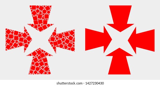 Dot and flat shrink arrows icons. Vector mosaic of shrink arrows created of irregular rectangle elements and circle elements.