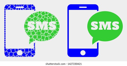 Dot and flat smartphone SMS icons. Vector mosaic of smartphone SMS created of irregular rectangle elements and spheric elements.