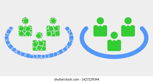 Dot and flat social ring icons. Vector mosaic of social ring created of irregular square elements and spheric elements.