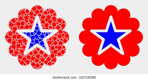 Dot and flat star rosette icons. Vector mosaic of star rosette combined of randomized rectangle elements and round items.