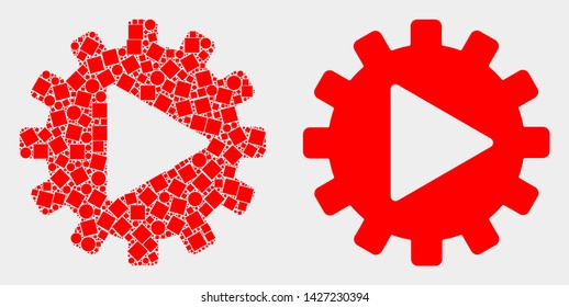 Dot and flat start gear automation icons. Vector mosaic of start gear automation designed of randomized square pixels and round pixels.