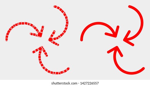Dot and flat swirl arrows icons. Vector mosaic of swirl arrows combined of random rectangle elements and circle items.
