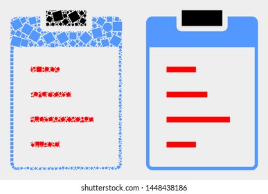 Dot and flat text pad icons. Vector mosaic of text pad constructed of random rectangle elements and round points.