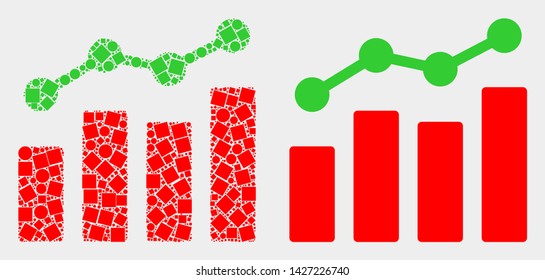 Dot and flat trend charts icons. Vector mosaic of trend charts designed of randomized square dots and spheric pixels.