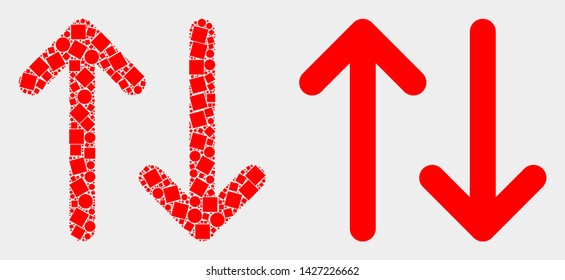 Dot and flat vertical exchange arrows icons. Vector mosaic of vertical exchange arrows composed of randomized square pixels and spheric pixels.