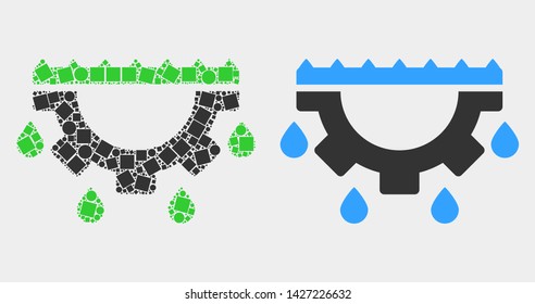 Dot and flat water gear drops icons. Vector mosaic of water gear drops formed of random square elements and circle elements.