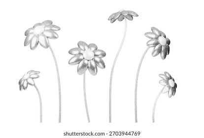 As ilustrações de flor de ponto com ruído de grão e sombreamento pontilhado criam formas botânicas 3D arejadas. Gradientes de meio-tom, sombras suaves e textura grunge abstrata adicionam um vintage charme retro