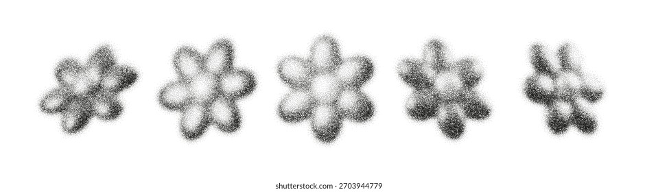 Las siluetas de flores de punto con grano y ruido punteado aparecen como flores 3D florecientes. El sombreado suave del gradiente, la textura del semitono y las líneas abstractas crean una atmósfera gráfica botánica suave