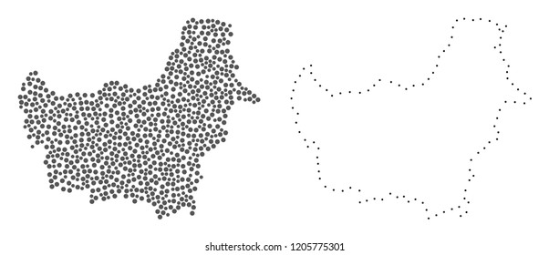 Dot and Frame map of Borneo Island formed with dots. Vector grey abstraction of map of Borneo Island. Connect the dots educational geographic drawing for map of Borneo Island.