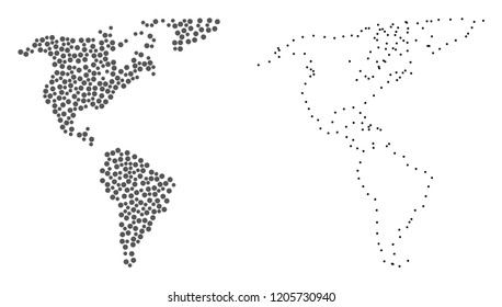 Dot and Frame map of South and North America composed with dots. Vector grey abstraction of map of South and North America.
