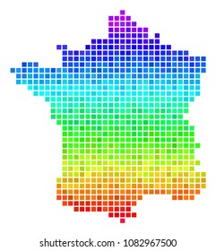 Dot France map. Vector geographic scheme using impressive spectral color shades with vertical gradient. Color vector pattern of France map created with square cells.