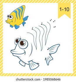 Dot to dot. Funny Fish. Logic Game and Coloring Page with answer. Connect the dots by numbers and finish draw the cartoon cute sea Fish. Education worksheet for baby practicing count numbers to 10.