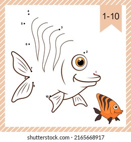 Dot to dot. Funny Fish. Logic Game and Coloring Page with answer. Connect the dots by numbers and finish draw the cartoon cute sea Fish. Education worksheet for baby practicing count numbers to 10.