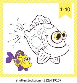 Dot to dot. Funny Tropical Fish. Logic Game and Coloring Page with answer. Connect the dots by numbers and finish draw cartoon cute Fish. Education worksheet for baby practicing count numbers to 10.