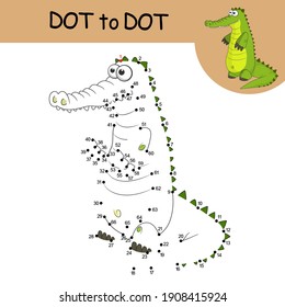 Dot to dot Game with answer. Crocodile. Connect the dots by numbers to draw cute cartoon Alligator. Logic Game and Coloring Page for preschool. Education card for kids learning counting numbers 1-66.
