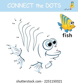 Punto a punto Juego con respuesta. Pescado exótico. Conecte los puntos por números para dibujar al animal. Juego de lógica y página de color con caricatura peces adorables. Tarjeta de educación para niños que aprenden contando números 1-25.