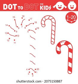 Dot to dot game. Candy stick. Christmas. Connect the numbers then color in the hidden picture. Coloring book. Learning counting number 1-20. Puzzle activity worksheet. Vector illustration.
