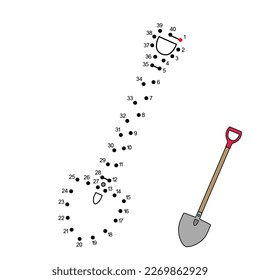 Dot to dot game with cartoon shovel with wooden handle. Connect the dots by numbers and finish picture. Education Game with answer for kids. Coloring Page with garden spade. Practice counting to 40.