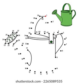 Juego de punto a punto con el dibujo animado Watering Can. Conecte los puntos por números y termine la imagen. Juego de educación con respuesta para los niños. Colorear página con un bonito inventario vectorial Garden. Contador de prácticas a 45