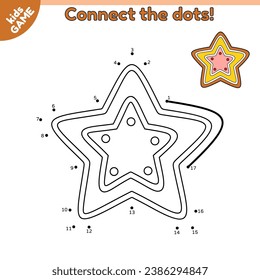 Dot to dot game for children. Christmas gingerbread star. Connect the dots by numbers and draw a cartoon New Year cookies. Educational puzzle for preschool kids. Vector illustration of holiday biscuit