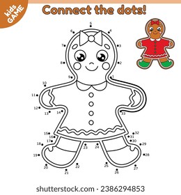 Dot to dot game for children. Christmas gingerbread girl. Connect the dots by numbers and draw a cartoon New Year cookies. Educational puzzle for kids. Vector illustration of the holiday biscuit.