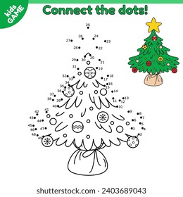 Dot to dot game for children. Christmas tree. Connect the dots by numbers and draw a small Xmas spruce decorated star and decorations balls. Kids educational puzzle on holiday New Year theme. Vector.