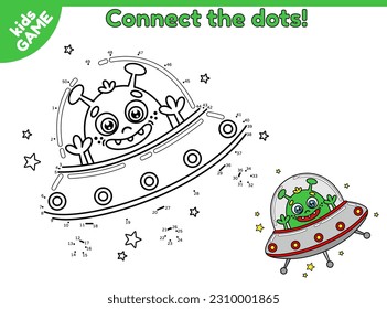 Dot to dot game for children. Connect the dots and draw a cartoon extraterrestrial in flying saucer. Page of activity book with cute alien and ufo. Vector space characters. Educational puzzle for kids