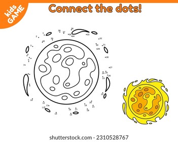 Juego punto a punto para niños. Conecte los puntos y dibuje un sol de estrellas de dibujos animados en el espacio. Libro de actividades para niños. Rompecabezas educativo para preescolar y escolar. Dibujo vectorial del cuerpo celestial en el cosmos.