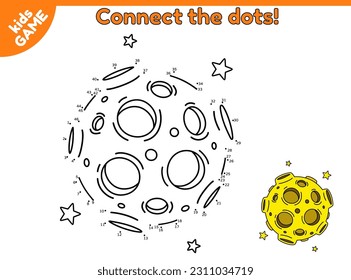 Dot to dot game for children. Connect the dots, draw a cartoon planet moon in space and color it. Coloring book. Activity for kids. Worksheet for preschool and school education. Vector luna in cosmos.