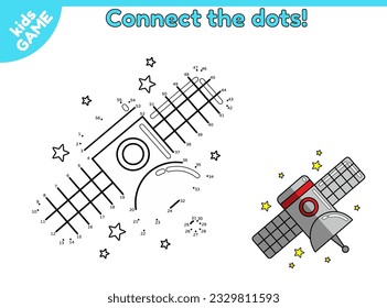 Dot to dot game for children. Connect the dots and draw a cartoon probe in space. Galaxy sputnik. Activity book for kids. Puzzle for preschool and school. Vector drawing of satellite in universe.